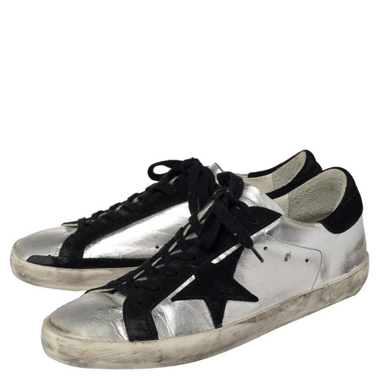 Pre Owned Golden Goose Silver/Black Leather And Suede  Superstar Low-Top Sneakers Size 41