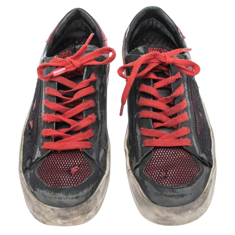 Pre Owned Golden Goose Black Lace And Leather Superstar Low Top Sneakers Size 43