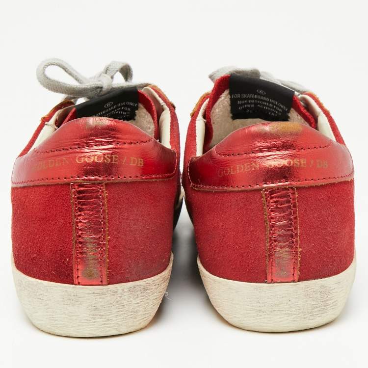 Pre Owned Golden Goose Red Suede And Leather Superstar Lace Up Sneakers Size 41