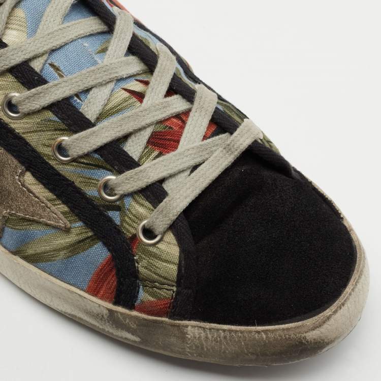 Pre Owned Golden Goose Multicolored Suede And Canvas Flower Print Super-Star Lace Up  Sneakers Size 40