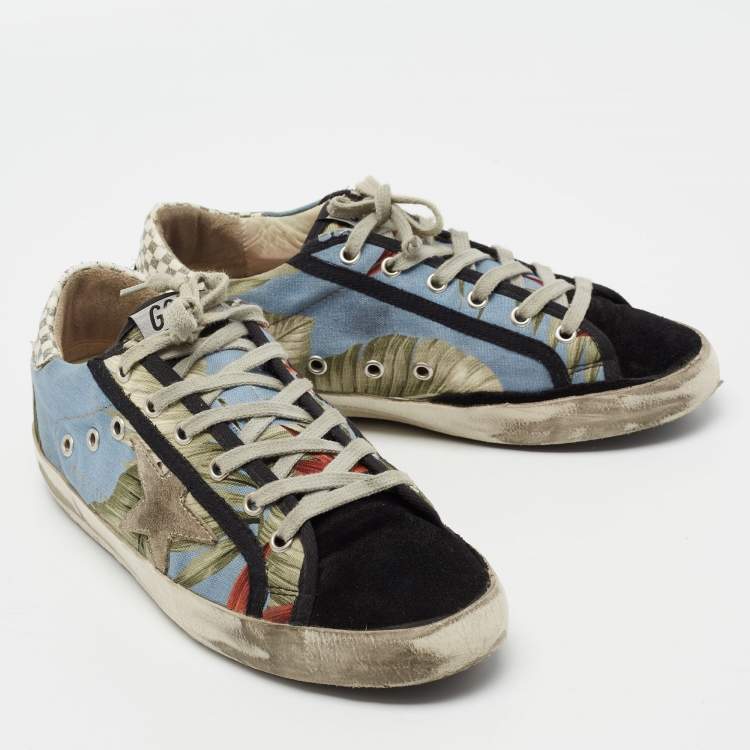 Pre Owned Golden Goose Multicolored Suede And Canvas Flower Print Super-Star Lace Up  Sneakers Size 40
