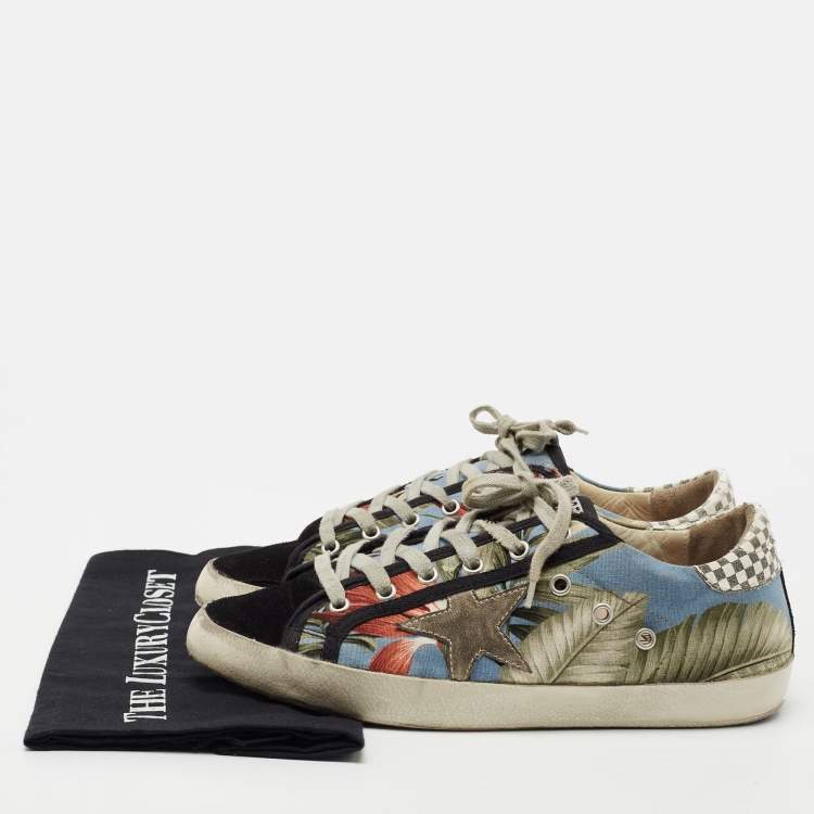 Pre Owned Golden Goose Multicolored Suede And Canvas Flower Print Super-Star Lace Up  Sneakers Size 40