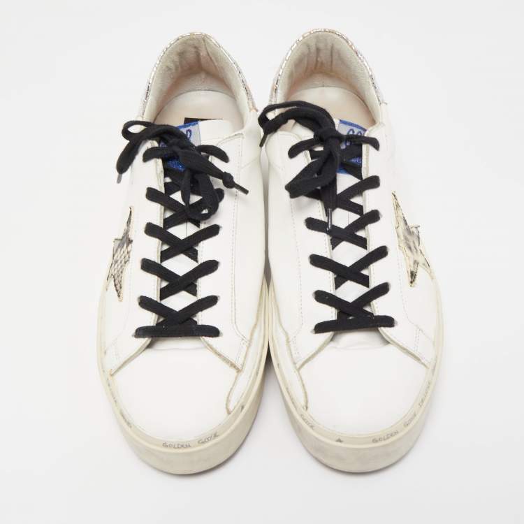 Pre Owned Golden Goose White/Silver Leather and Python Embossed Leather Hi Star Sneakers Size 41