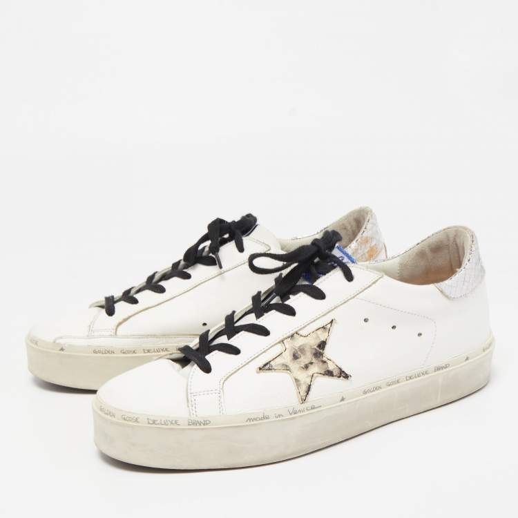 Pre Owned Golden Goose White/Silver Leather and Python Embossed Leather Hi Star Sneakers Size 41