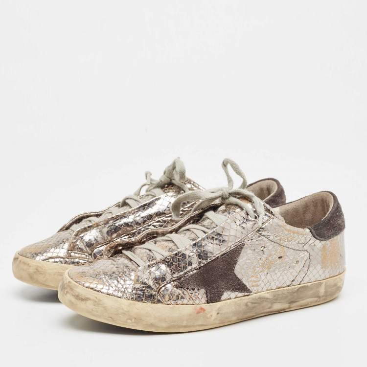 Pre Owned Golden Goose Silver Python Embossed Super Star Sneakers Size 40