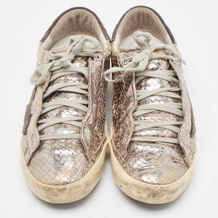 Pre Owned Golden Goose Silver Python Embossed Super Star Sneakers Size 40