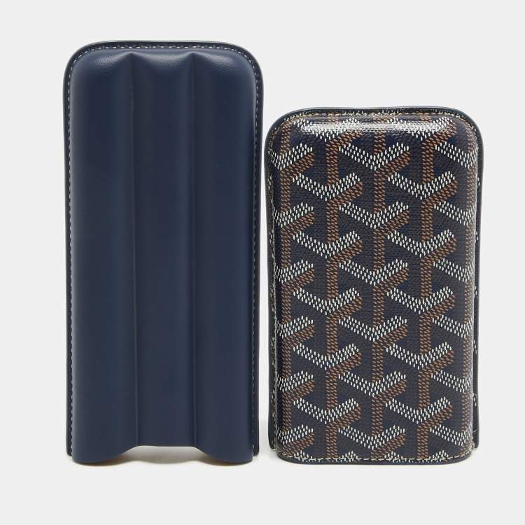 Pre Owned Goyard Navy Blue Goyardine Coated Canvas and Leather Churchill 3 Cigar Case