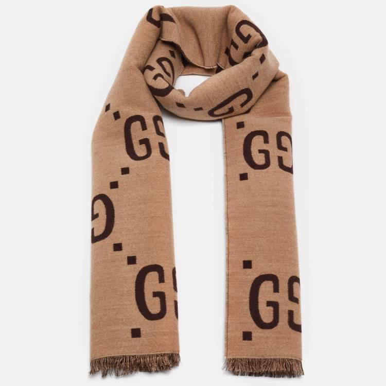 Pre Owned Gucci Beige/Brown GG Jacquard Wool Freedom Scarf