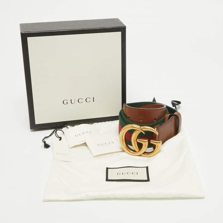 Pre Owned Gucci Brown Web Canvas and Leather GG Marmont Buckle Belt 95CM