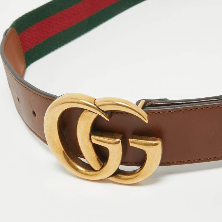 Pre Owned Gucci Brown Web Canvas and Leather GG Marmont Buckle Belt 95CM
