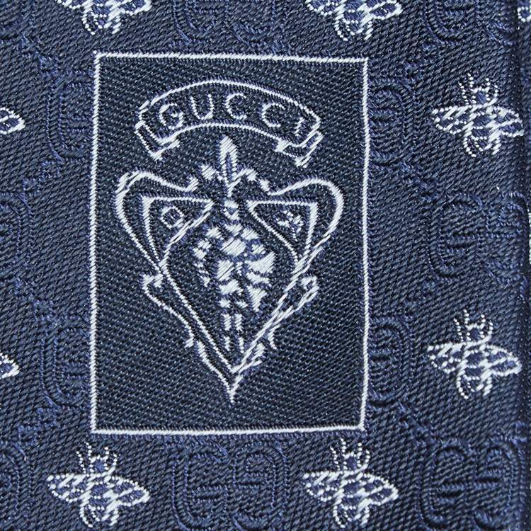 Pre Owned Gucci Navy Blue Logo Silk Jacquard Bee Detail TIe