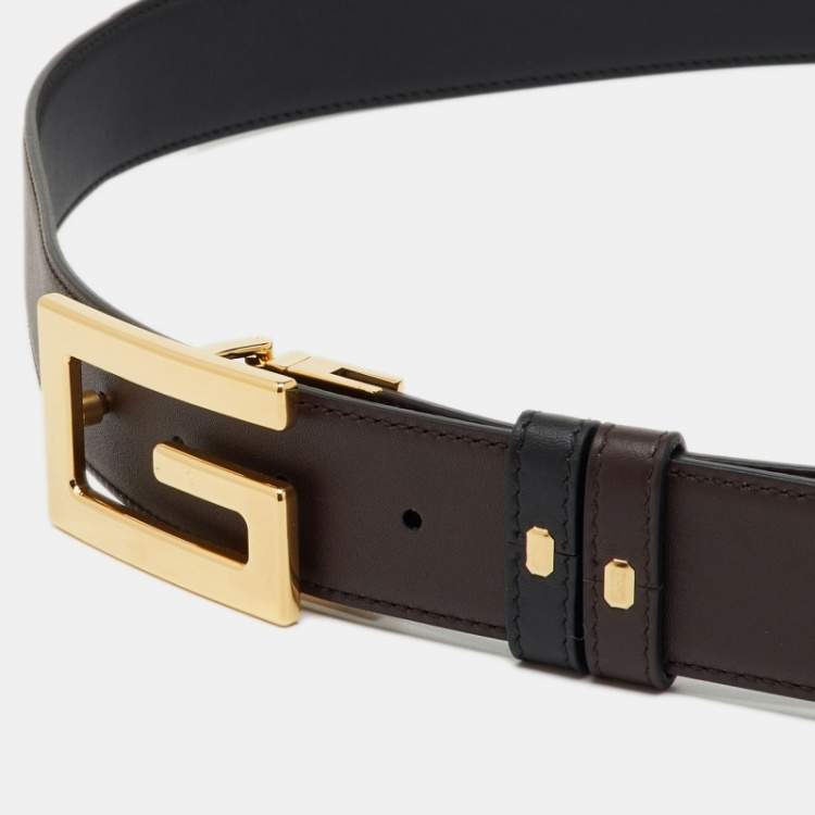 Pre Owned Gucci Black/Brown Leather G Buckle Belt 100CM