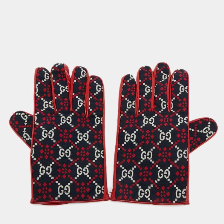 Pre Owned Gucci Gloves L Navy Blue/Red Diamond GG Canvas and Leather 10.5 / L