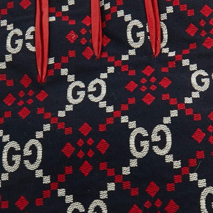 Pre Owned Gucci Gloves L Navy Blue/Red Diamond GG Canvas and Leather 10.5 / L