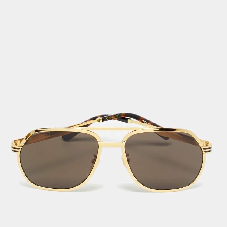 Pre Owned Gucci Black/Gold Tone GG0981S Navigator Frame Sunglasses