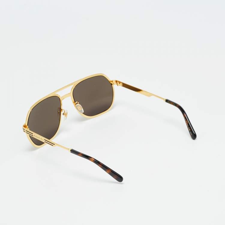 Pre Owned Gucci Black/Gold Tone GG0981S Navigator Frame Sunglasses