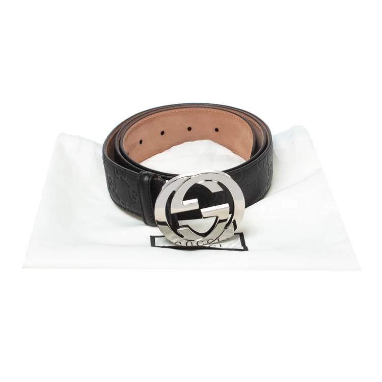 Pre Owned Gucci Black Guccissima Leather Interlocking GG Buckle Belt 100CM