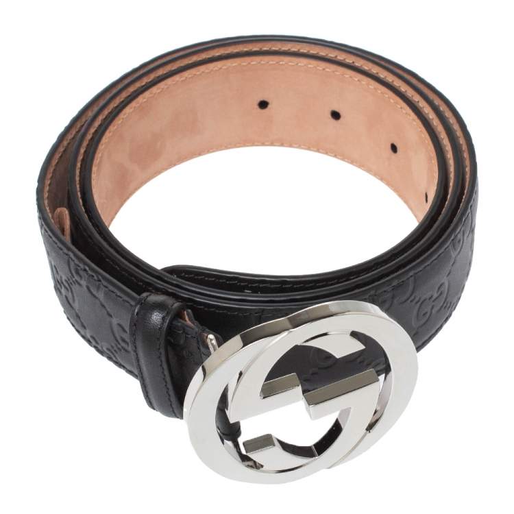 Pre Owned Gucci Black Guccissima Leather Interlocking GG Buckle Belt 100CM