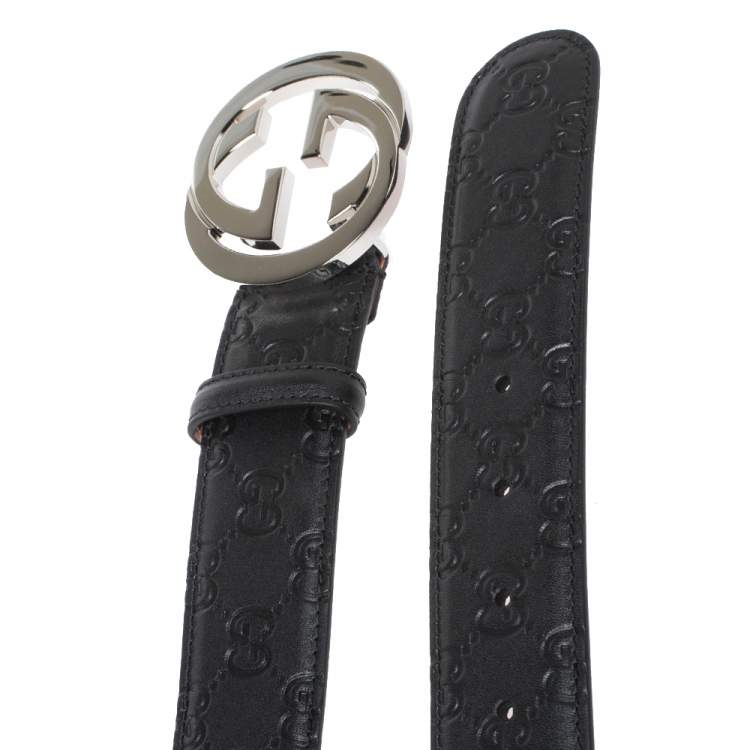 Pre Owned Gucci Black Guccissima Leather Interlocking GG Buckle Belt 100CM