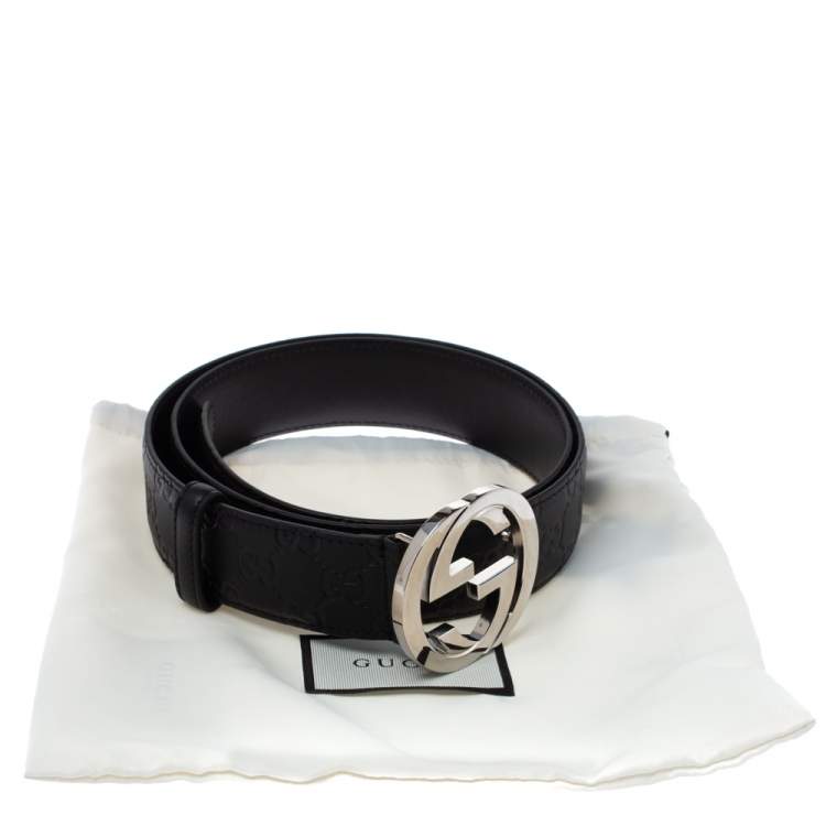 Pre Owned Gucci Black Guccissima Leather Interlocking G Buckle Belt 100CM