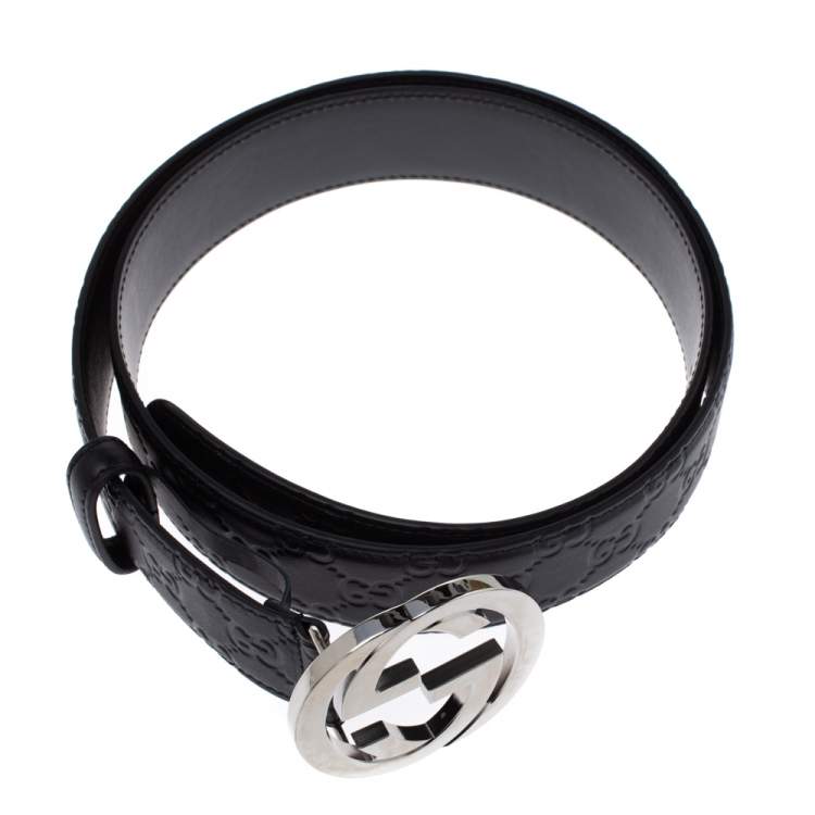 Pre Owned Gucci Black Guccissima Leather Interlocking G Buckle Belt 95CM