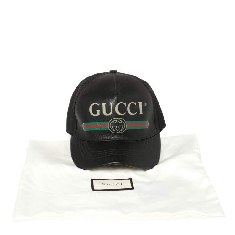 Pre Owned Gucci Black Leather and Nylon Logo Baseball Cap L