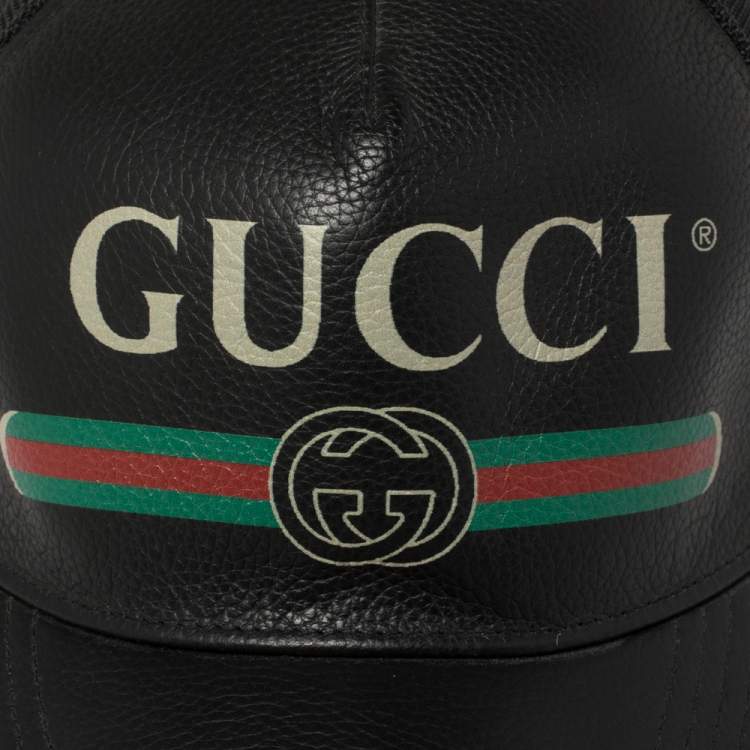 Pre Owned Gucci Black Leather and Nylon Logo Baseball Cap L