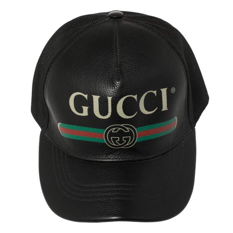 Pre Owned Gucci Black Leather and Nylon Logo Baseball Cap L