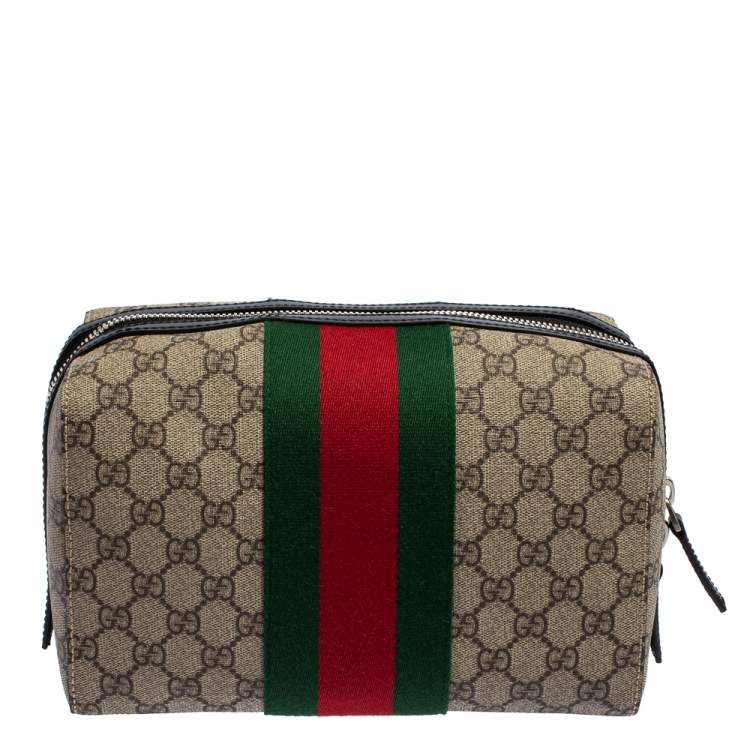 Pre Owned Gucci Beige/Balck GG Supreme Canvas and Leather Web Toiletry Pouch
