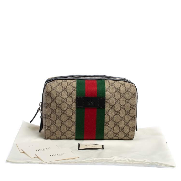 Pre Owned Gucci Beige/Balck GG Supreme Canvas and Leather Web Toiletry Pouch