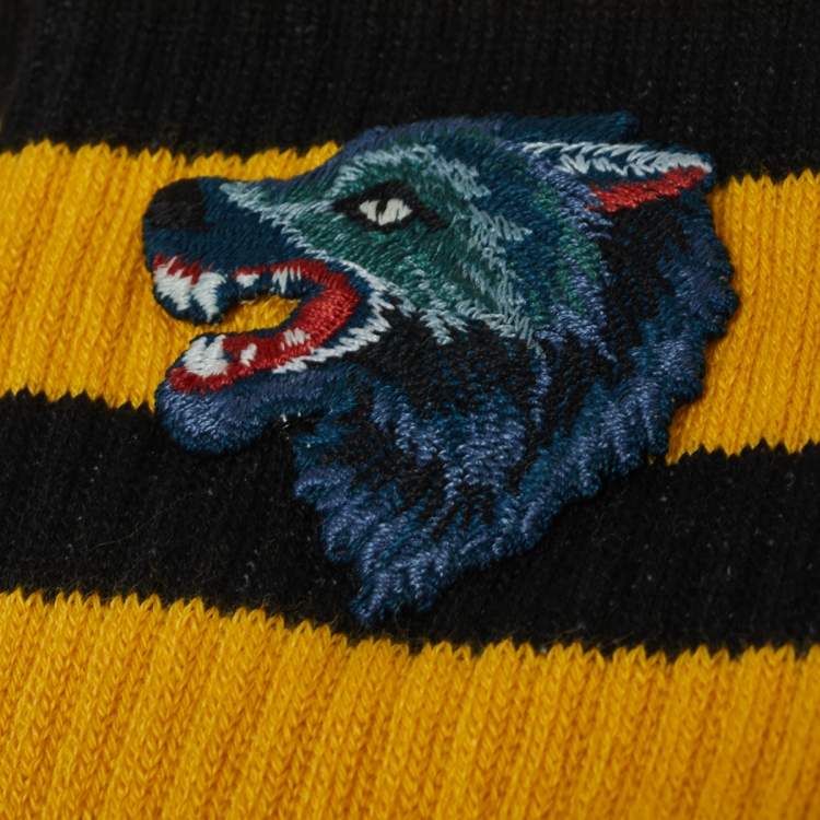 Pre Owned Gucci White Wolf Patch Detail Striped Cotton Socks Size M