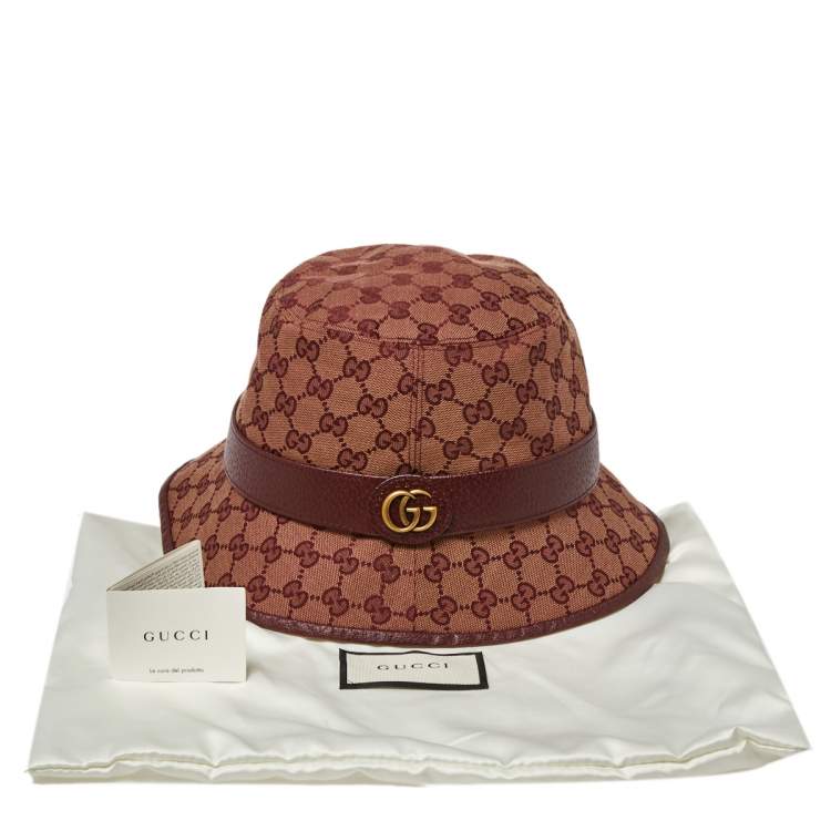 Pre Owned Gucci Burgundy Monogram Canvas Leather Trim Bucket Hat L