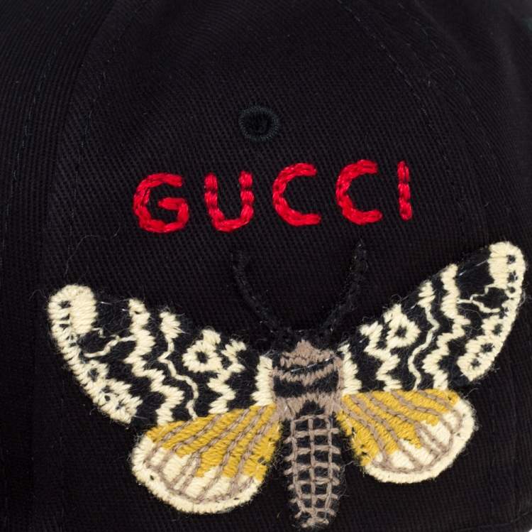 Pre Owned Gucci Black NY Yankees Patch & Butterfly Appliqued Cotton Baseball Cap