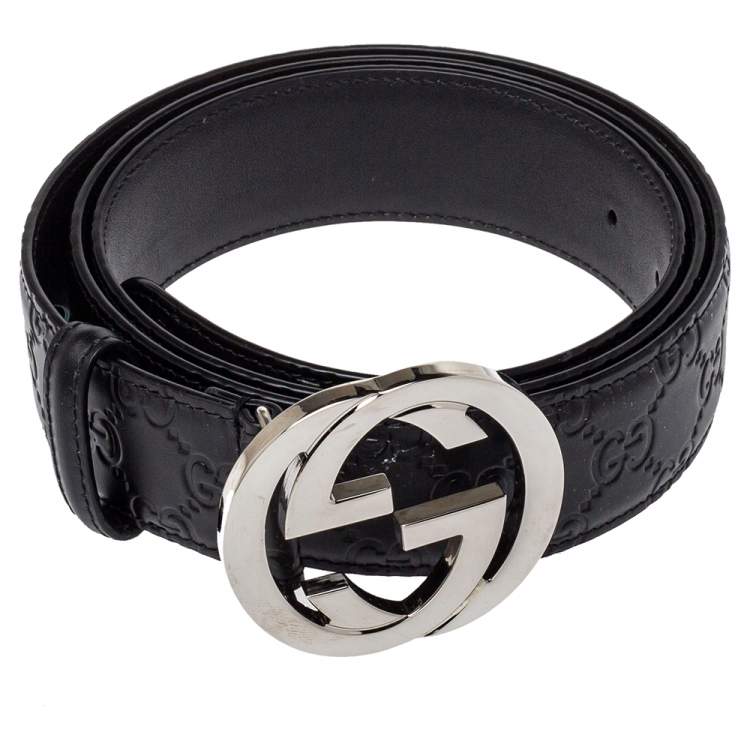 مملوكة مسبقًا Gucci Black Guccissima Leather Interlocking G Buckle Belt 115CM