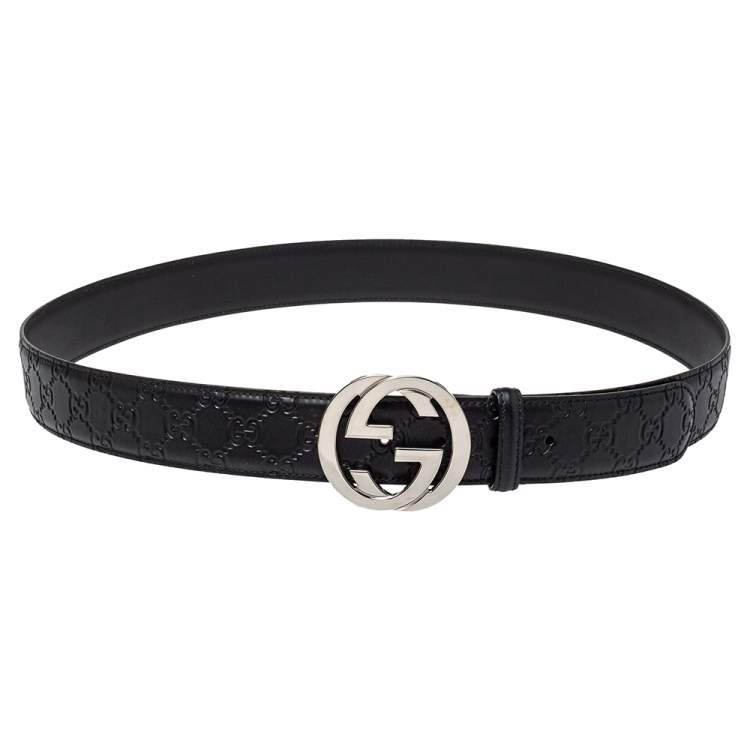 مملوكة مسبقًا Gucci Black Guccissima Leather Interlocking G Buckle Belt 115CM