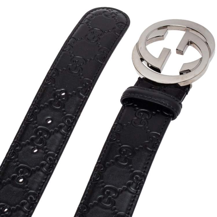 مملوكة مسبقًا Gucci Black Guccissima Leather Interlocking G Buckle Belt 115CM
