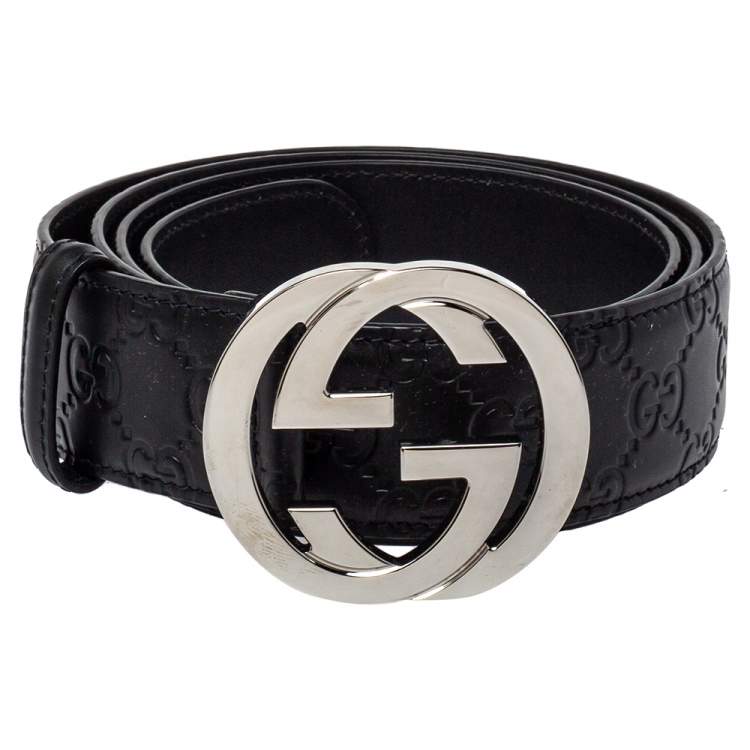 مملوكة مسبقًا Gucci Black Guccissima Leather Interlocking G Buckle Belt 115CM