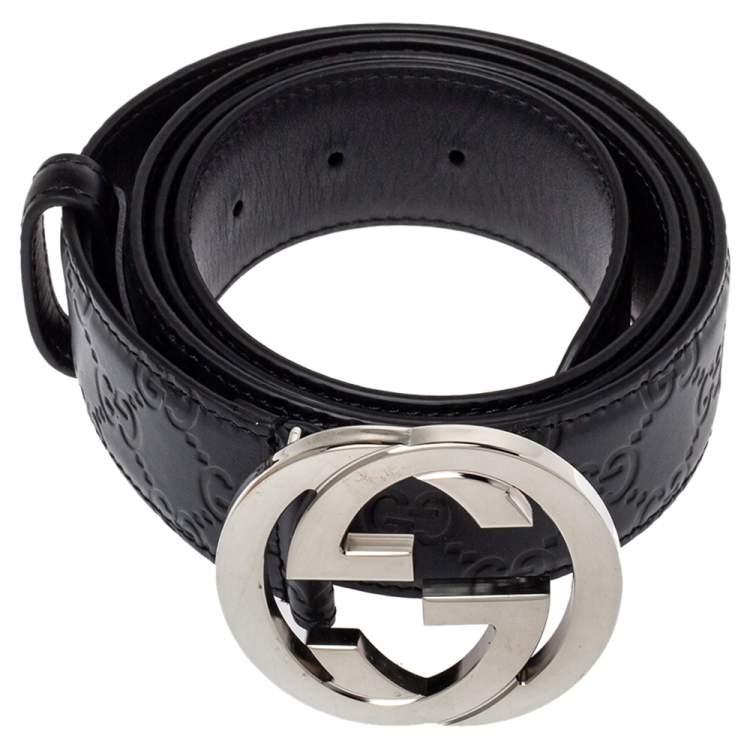 Pre Owned Gucci Black Guccissima Leather Interlocking G Buckle Belt 110CM