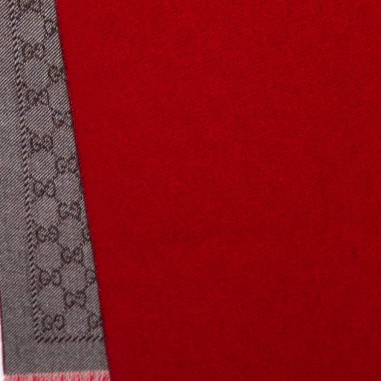 Pre Owned Gucci Brown & Red Monogram Jacquard Wool Scarf