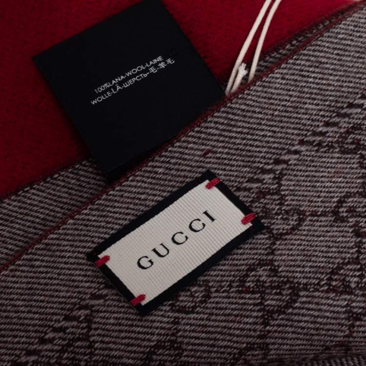 Pre Owned Gucci Brown & Red Monogram Jacquard Wool Scarf
