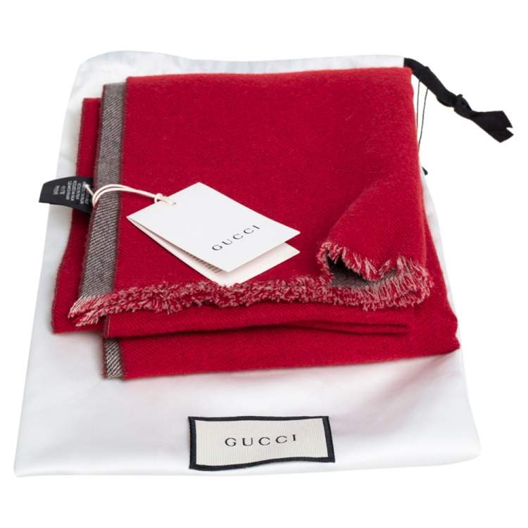 Pre Owned Gucci Brown & Red Monogram Jacquard Wool Scarf