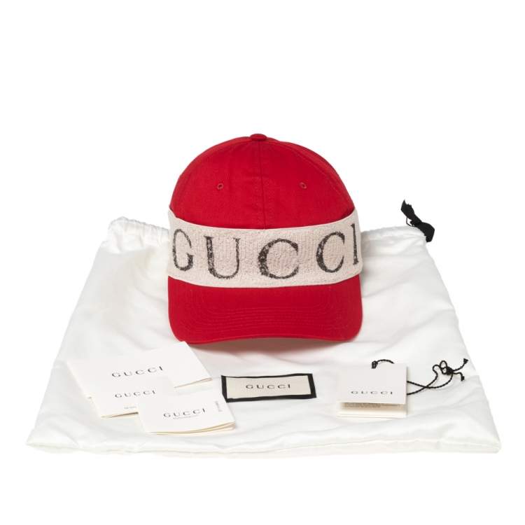 Pre Owned Gucci Red/Off White Canvas Logo Band Baseball Cap L
