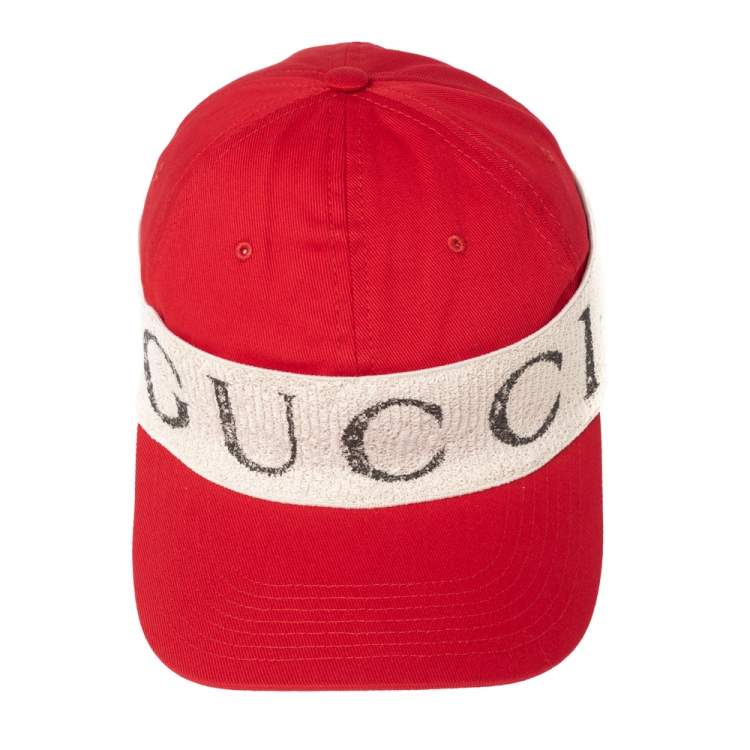 Pre Owned Gucci Red/Off White Canvas Logo Band Baseball Cap L