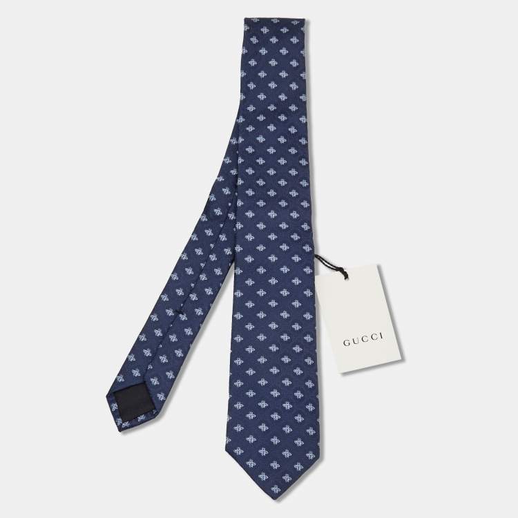 Pre Owned Gucci Blue Silk Woven GG Bees Tie
