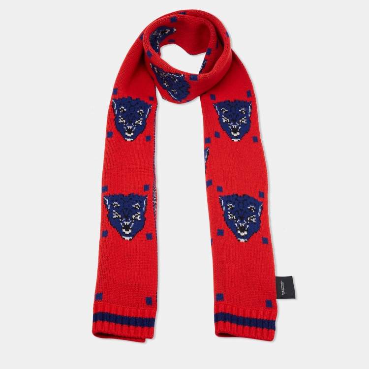 Pre Owned Gucci Red Bengal Tiger Jacquard Knit Wool Scarf 