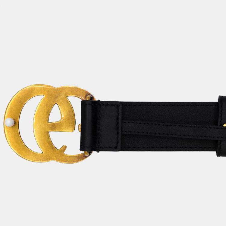 Pre Owned Gucci Black Leather Double G Buckle Belt 85cm