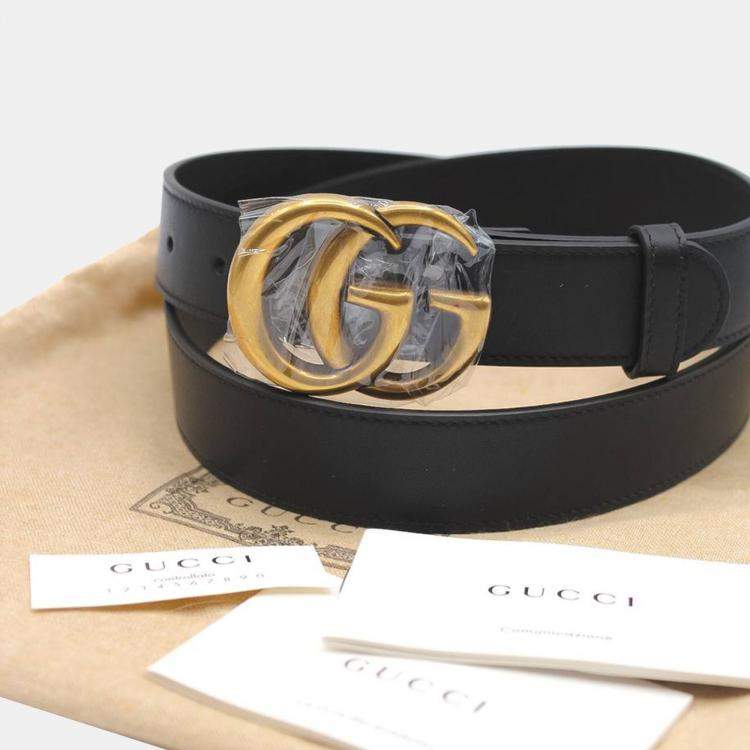 Pre Owned Gucci Black Leather Double G Buckle Belt 95cm