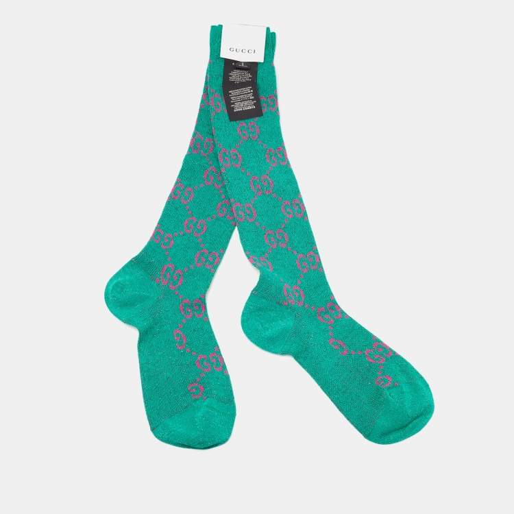 Pre Owned Gucci Green & Pink Logo Monogram Lurex Cotton Knit Knee High Socks S (8)