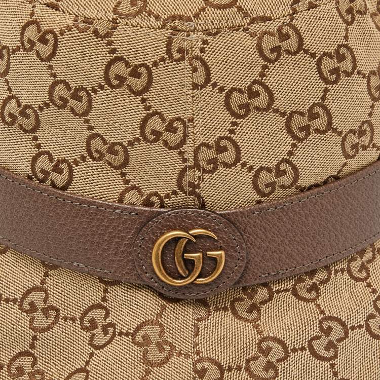 Pre Owned Gucci Brown GG Monogram Leather Trim Canvas Bucket Hat L