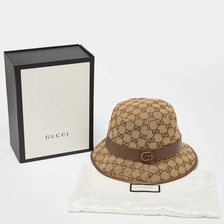 Pre Owned Gucci Brown GG Monogram Leather Trim Canvas Bucket Hat L